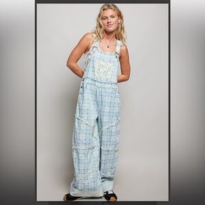 💕 Coming Soon! POL Light Blue Plaid Women's Overalls